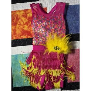Pink Yellow Feather Fringe Pageant Or Dance Recital Dress Shorts Size XSC